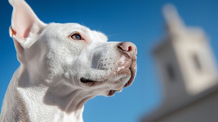 White Dog Looking Up Against a Clear Blue Sky Outdoors