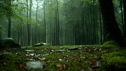 Obraz premium Enchanted Rainforest: A Moody Landscape of Rain and Green