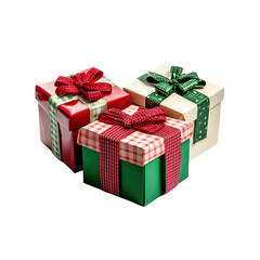 Obraz premium Three Beautifully Wrapped Christmas Gifts in Red, Green, and Cream