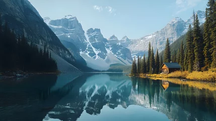 Papier peint photo Le salon Secluded Cabin by a Mountain Lake: A Peaceful Escape  © smevg