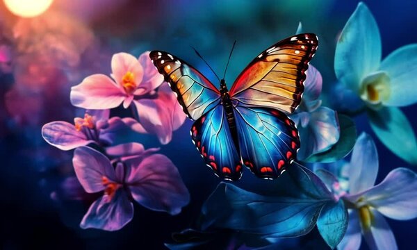 Vibrant Morpho Butterfly on Orchid Flowers in Dreamy Forest