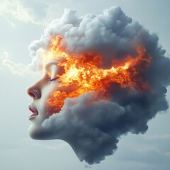 Woman's profile engulfed in clouds and fire