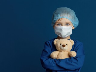 Child in scrubs with teddy bear