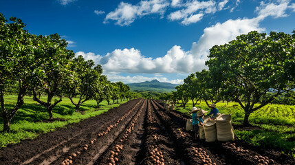 Obraz premium Picturesque Nut Plantation: Workers Harvesting on a Sunny Day