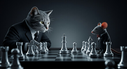 Cat and mouse playing chess, concept of strategy, competition, business, and rivalry. Animals in suits on chessboard.