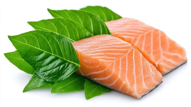 Fresh raw salmon fillet placed on green leaves background representing healthy seafood culinary freshness and vibrant organic food concept captured in high resolution macro 4k image
