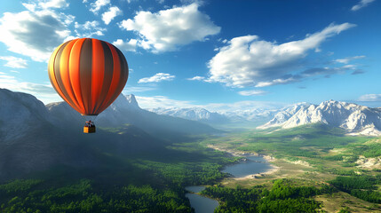 Fototapeta premium Hot Air Balloon Ride Over Majestic Mountains: A Breathtaking Aerial View