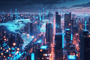 Obraz premium Futuristic Cityscape of Digital Connections Showcasing Technology and Global Trade