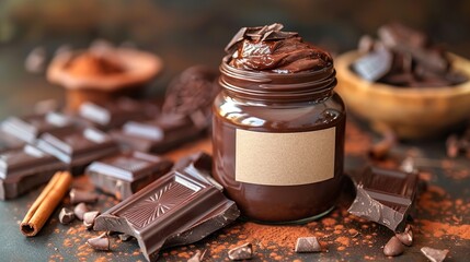 Jar of brown spread chocolate with blank label mockup on neutral brown background studio 