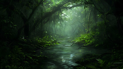 Obraz premium Enchanted Jungle River: A Serene Escape into Lush Greenery