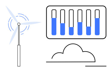 Wind turbine generating energy, bar chart tracking energy output, cloud emphasizing eco-friendliness. Ideal for sustainability, analytics, green energy, innovation, technology, progress simple