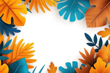 Tropical leaf frame, orange & teal, white background