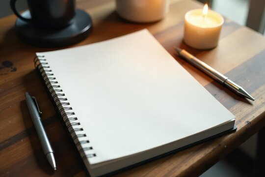 Blank spiral notebook rests on wooden table next to pens and lit candle, creating a serene writing ambiance