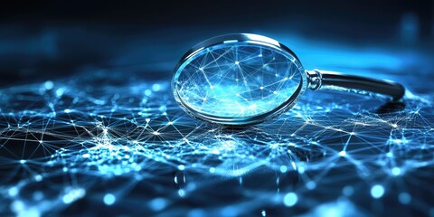 Magnifying glass over a glowing network, representing digital investigation or data analysis