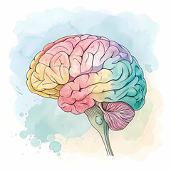 Colorful Watercolor Illustration of the Human Brain: Anatomy, Neurology, Psychology
