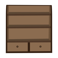 Wooden bookshelf with three shelves and two drawers on a white background