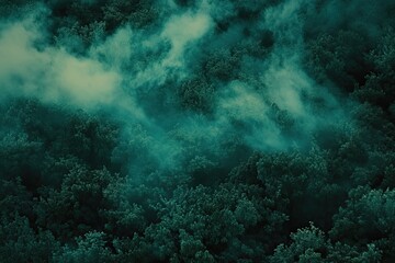 Fototapeta premium Ethereal teal forest shrouded in mist, aerial view