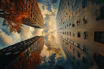 Urban Skyscrapers reflected in inverted sky