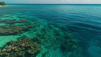 Obraz premium A beautiful coral reef visible just beneath the ocean surface near the beach, filled with marine life,