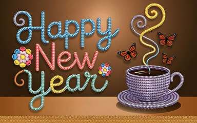 Happy New Year Embroidered Text with Coffee and Butterflies