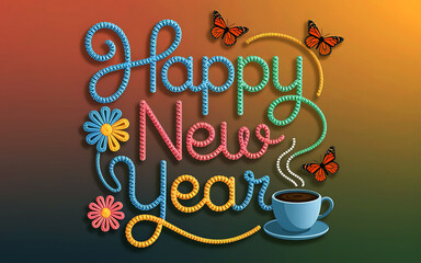Happy New Year Embroidered Typography Design with Coffee and Butterflies