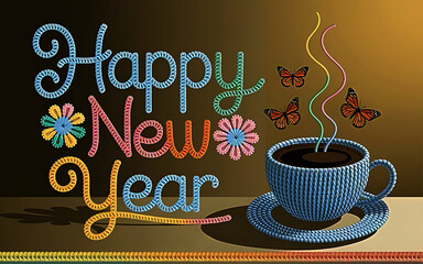 Happy New Year Embroidery Design with Coffee and Butterflies