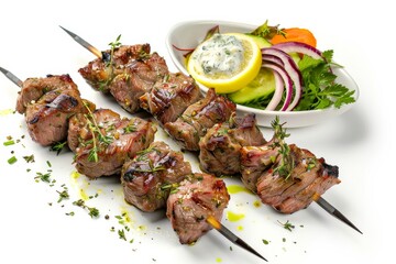Herb-Marinated Lamb Souvlaki Isolated On White Background.