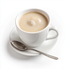  coffee in white cup on saucer with spoon isolated on white background
