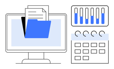 Folder with documents open on monitor, calendar layout, graph bars. Ideal for productivity, organization, document management, scheduling, data analysis, office tools simple landing page