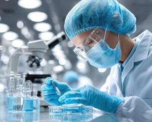A lab-coated medic meticulously prepares samples for microscopic analysis within a brightly lit laboratory - research chemicals examination preparation scrutinizing