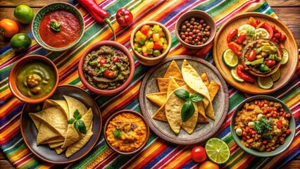 A vibrant spread of savory dips, crispy tortilla chips, and colorful vegetable dishes arranged on a festive tablecloth