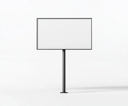 3D render of a blank rectangular road sign on a single thin pole, floating above a clean white surface. Light metallic texture on the pole, while the sign remains matte and plain.