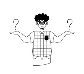 Confused young guy in glasses thinking surrounded by question marks. Trendy hand drawn outline vector character isolated on white background. Concept of doubting, solving problem and making choice