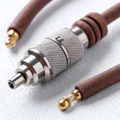 Tattoo studio identity concept. Tattoo clip cord and power supply on solid white background for tattooing equipment use.