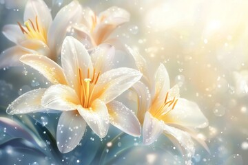 Delicate white lilies bathed in soft, radiant light.