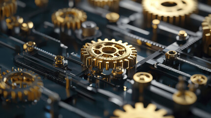 Intricate steampunk inspired gears with metallic finish create captivating mechanical design. golden cogs stand out