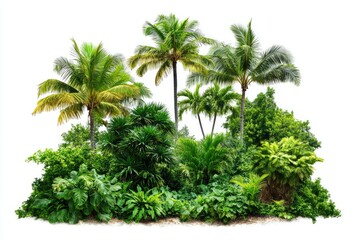 Lush tropical island vegetation with tall palm trees and dense undergrowth, isolated on white