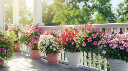 Fototapeta premium Vibrant Pink Red and White Flowers in Pots on a Porch
