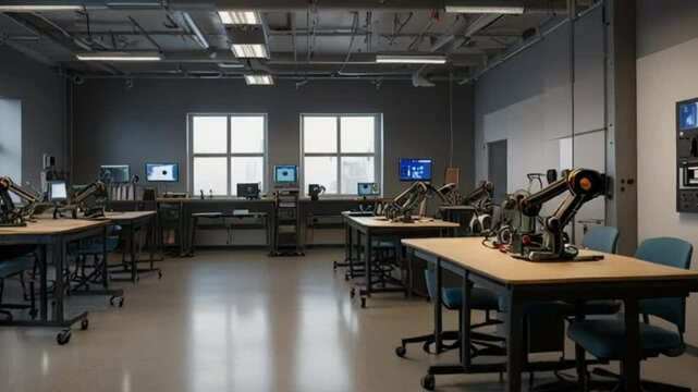 Robotics lab classroom, students learning automation