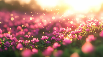 Fototapeta premium Enchanting Pink Flower Field at Sunset: A Breathtaking Floral Scene