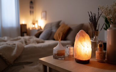 A cozy nighttime ritual setup in a softly lit room, featuring a glowing Himalayan salt lamp and a lavender essential oil diffuser, creating a peaceful, warm ambiance for relaxation and sleep.