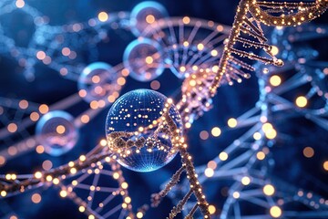 Fototapeta premium Vibrant Digital DNA Structures and Complex Shapes on Velvet Blue Background Showcasing Health Biotechnology and Genetic Innovation