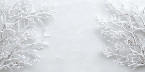 Frost covered branches in a minimalist winter scene on a subtle snowy background