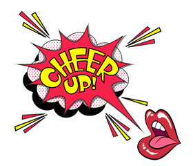 Comic lettering cheer up. Vector bright cartoon illustration in retro pop art style. Comic text sound effects. EPS 10.	