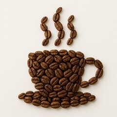 Coffee mug made of coffee beans on a textured white wall — AI-generated coffee art for café decoration