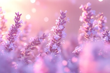 Obraz premium Pastel lavender blossoms bathed in golden sunlight.