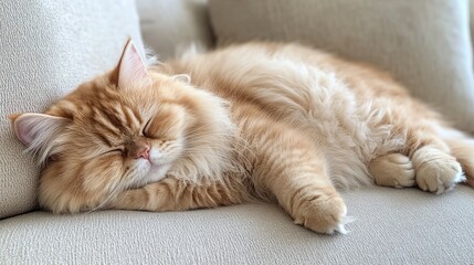 Obraz premium Fluffy orange tabby cat sleeping peacefully on light-colored sofa with soft cushions, cozy resting moment, relaxed pet, furry feline in tranquil home setting