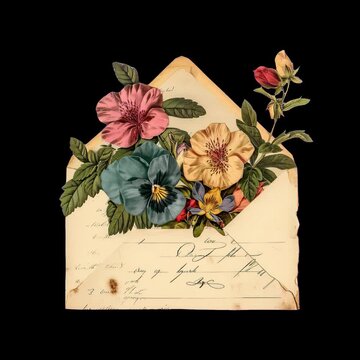 Vintage floral envelope art animation isolated asset, transparent 4K video, alpha channel, ProRes 4444
