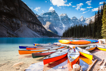 Colorful canoes, Moraine lake, Banff National Park, Canada