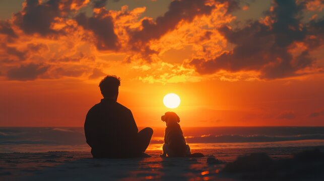 Peaceful silhouette of a person and a dog sitting on the beach du a vibrant colorful sunset over the ocean with dramatic clouds and warm glow in the sky